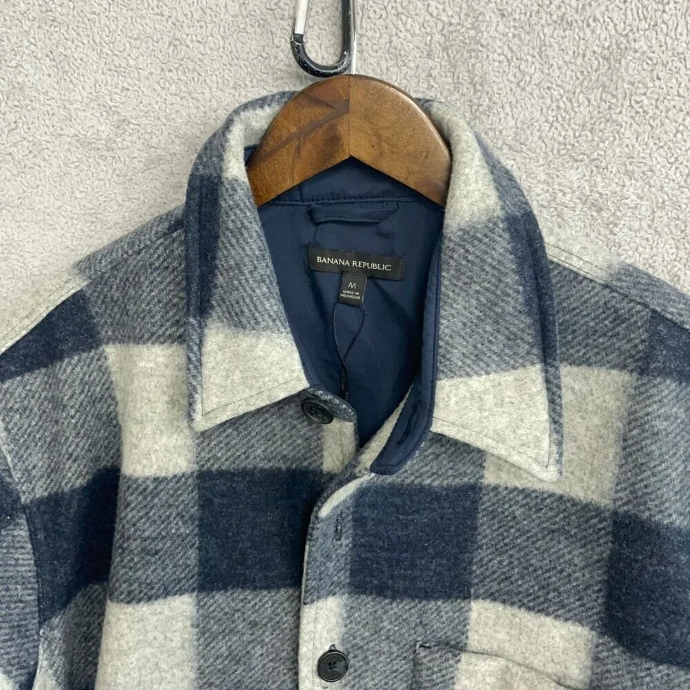 NWOT Banana Republic Men's M Blue & White Plaid Button-Up Shirt Jacket Polyester